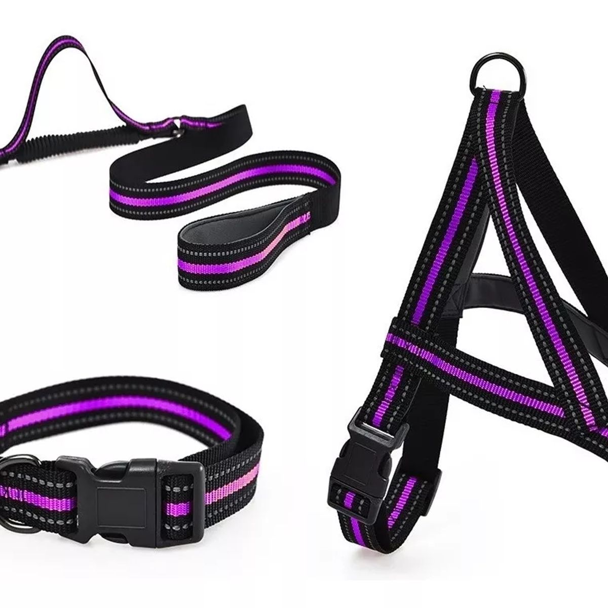 GENERICO - Correa + Collar +arnés Para Perros Talla S color Lila
