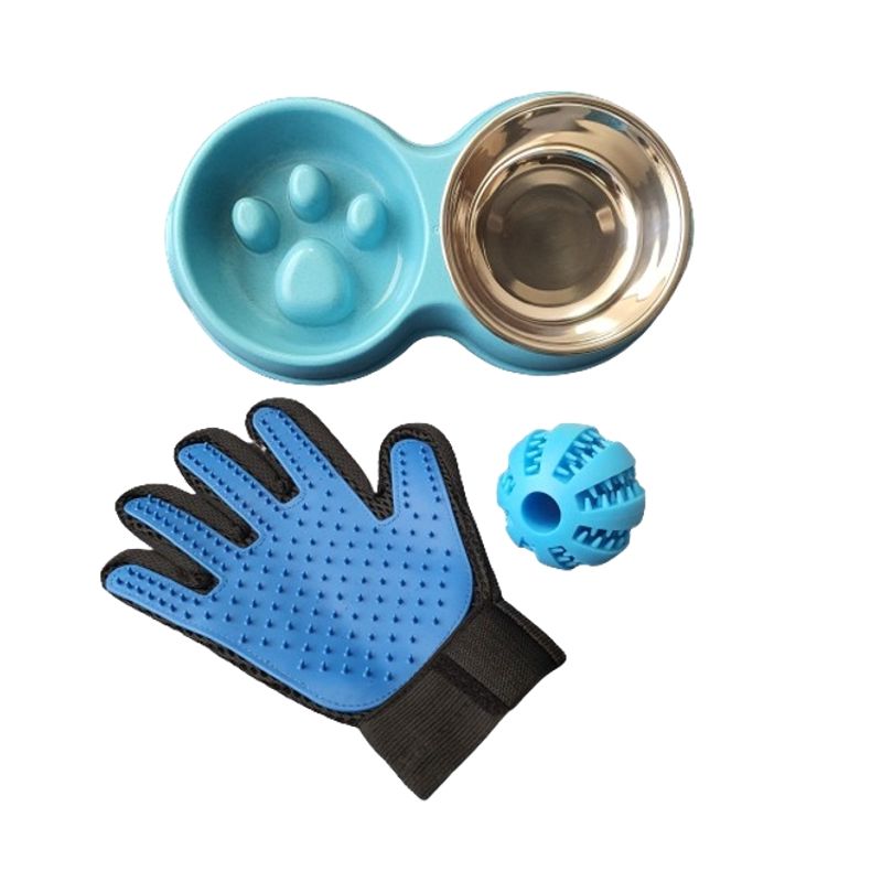 GENERICO - Set Plato De Comida Pelota Dental Guante Perro Gato Mascotas
