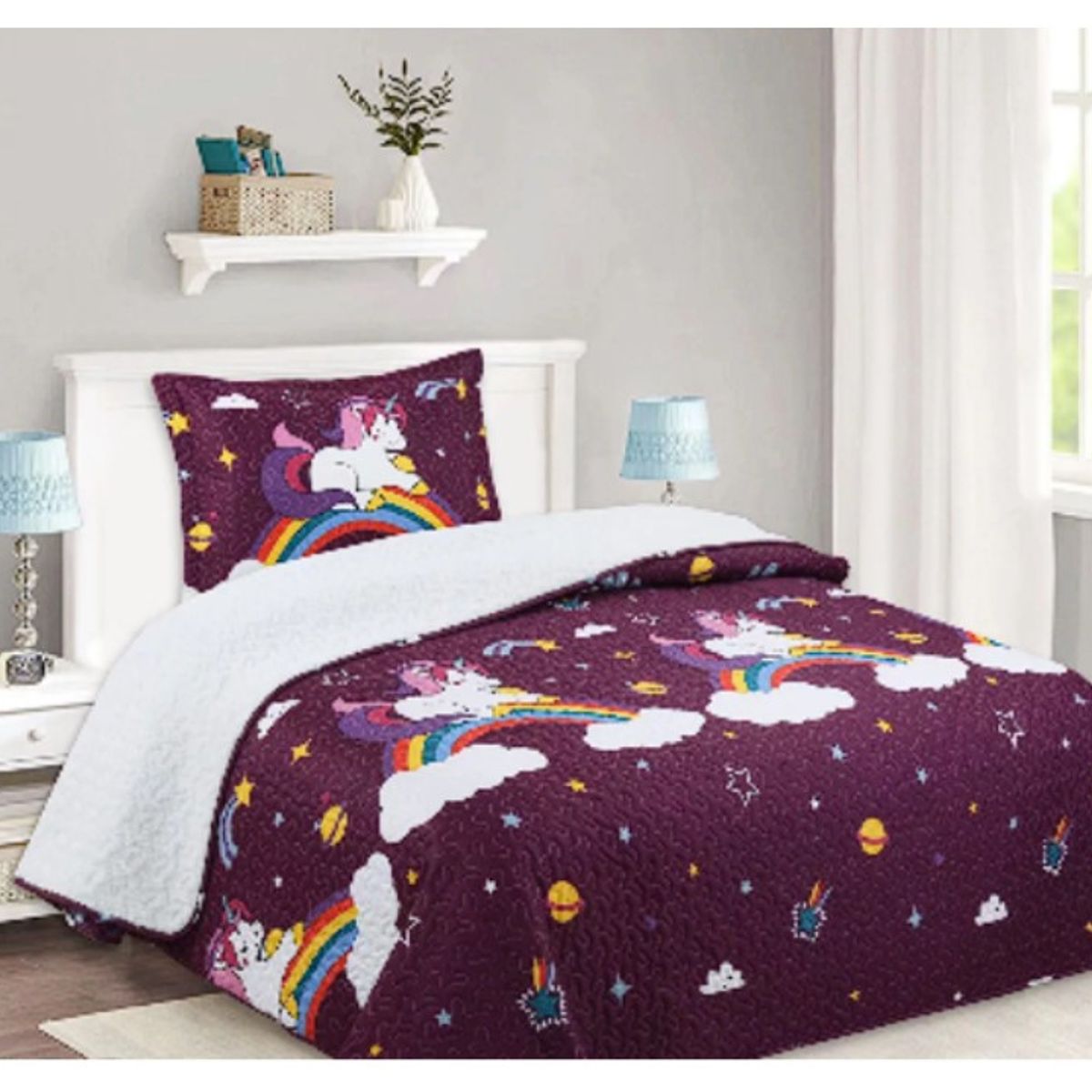 COMPRAPO - Cubrecama Quilt Sherpa 1.5 Pza. Mod. Unicornio Púrpura 50x70 Cm