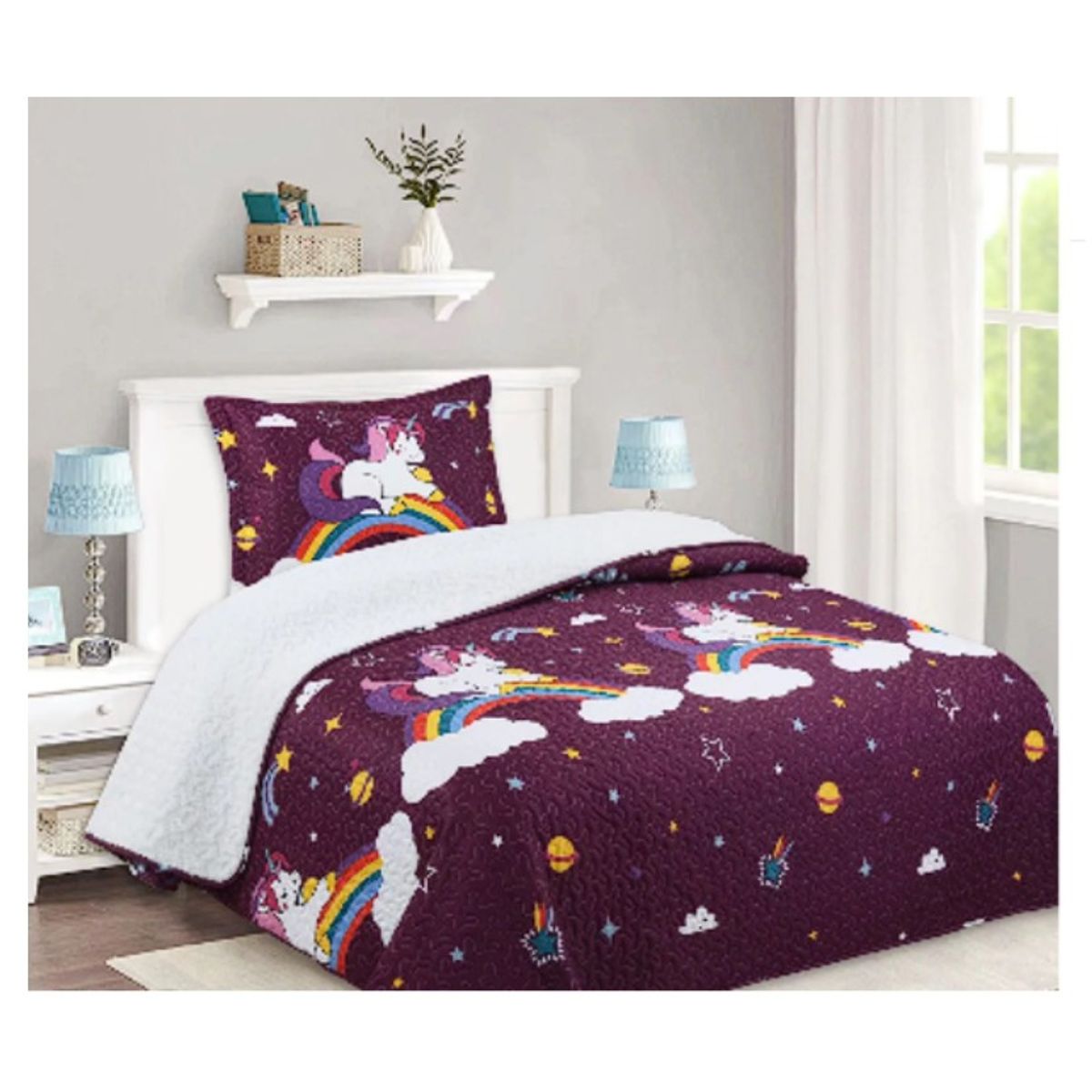 COMPRAPO - Cubrecama Quilt Sherpa 1.5 Pza. Mod. Unicornio Púrpura 50x70 Cm