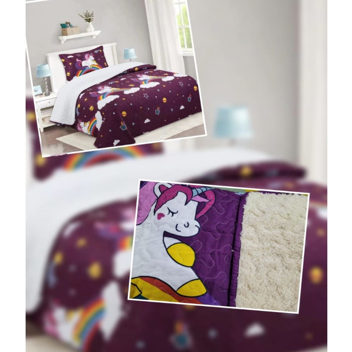 COMPRAPO - Cubrecama Quilt Sherpa 1.5 Pza. Mod. Unicornio Púrpura 50x70 Cm