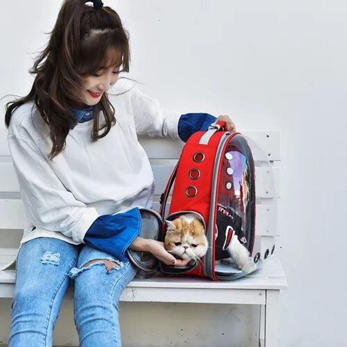 GENERICO - Mochila Bolso Transparente Mascota Perro Y Gato ROJA