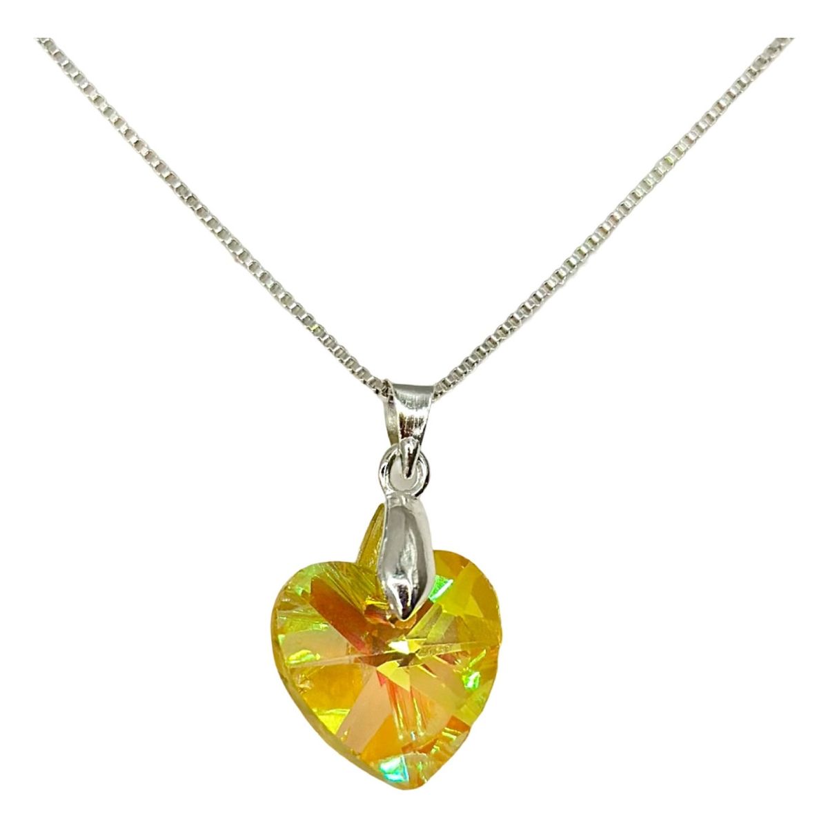 GENERICO - Collar Corazon Cristal Amarillo Tornasol Plata Fina 925