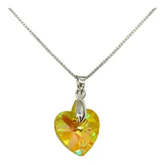 GENERICO - Collar Corazon Cristal Amarillo Tornasol Plata Fina 925