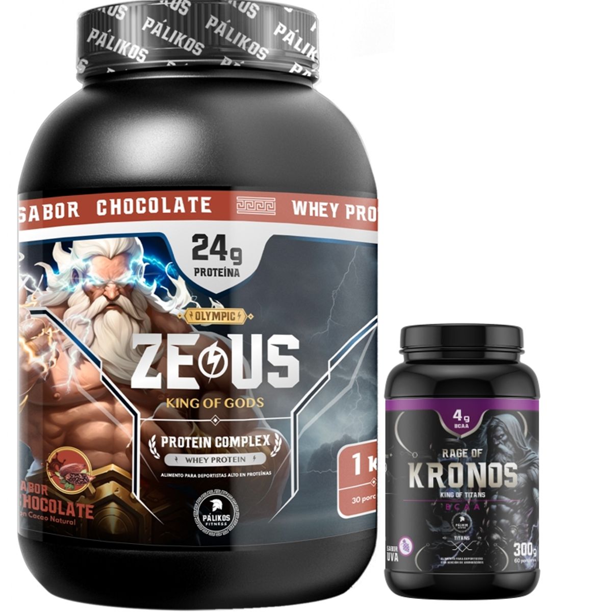 PALIKOS FITNESS - Proteína Zeus Complex Sabor Chocolate 1kg y BCAA Kronos 300g Uva