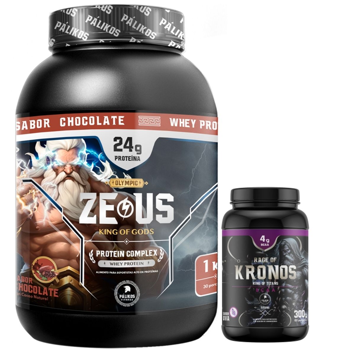 PALIKOS FITNESS - Proteína Zeus Complex Sabor Chocolate 1kg y BCAA Kronos 300g Uva