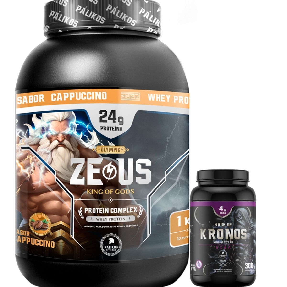 PALIKOS FITNESS - Proteína Zeus Complex Sabor Cappuccino 1kg y BCAA Kronos 300g Uva