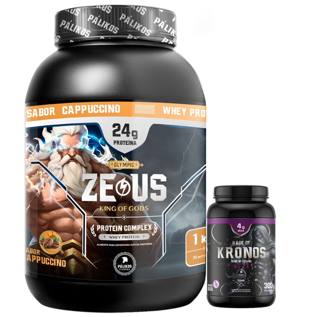 PALIKOS FITNESS - Proteína Zeus Complex Sabor Cappuccino 1kg y BCAA Kronos 300g Uva