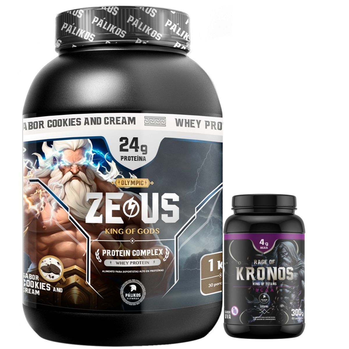 PALIKOS FITNESS - Proteína Zeus Complex Sabor Cookies 1kg y BCAA Kronos 300g Uva