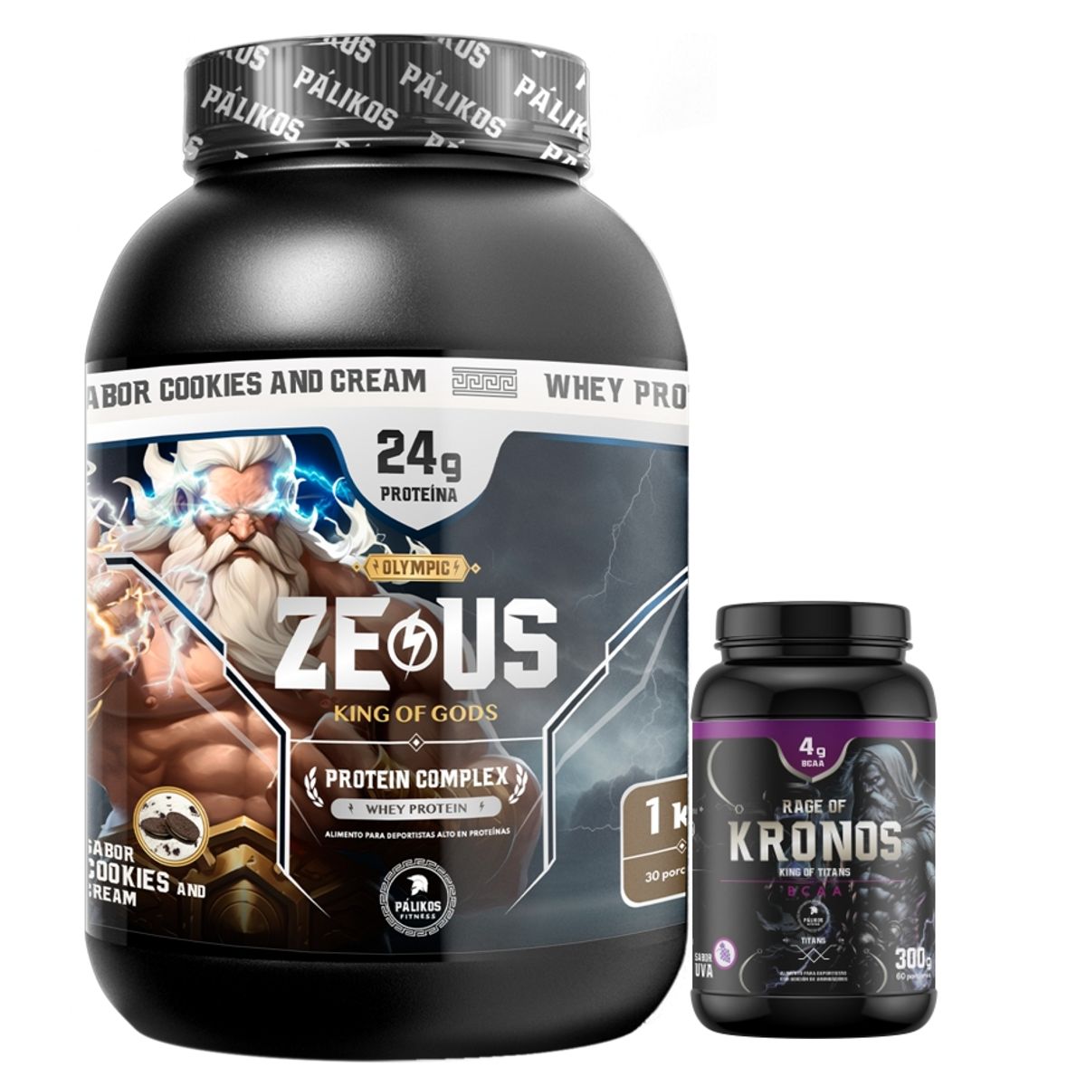 PALIKOS FITNESS - Proteína Zeus Complex Sabor Cookies 1kg y BCAA Kronos 300g Uva