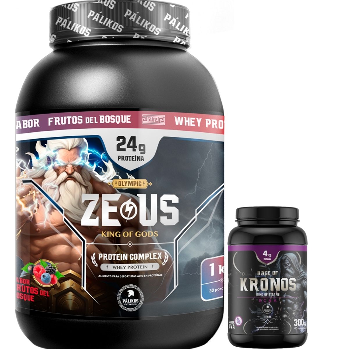 PALIKOS FITNESS - Proteína Zeus Complex Sabor Frutos bosque 1kg y BCAA Kronos 300g Uva