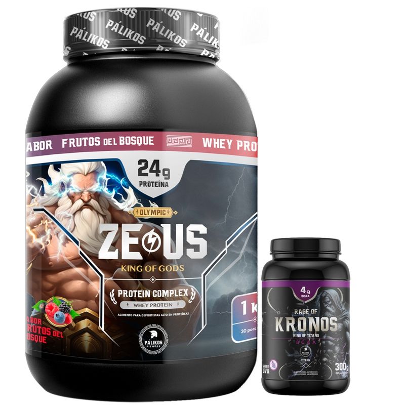 PALIKOS FITNESS - Proteína Zeus Complex Sabor Frutos bosque 1kg y BCAA Kronos 300g Uva
