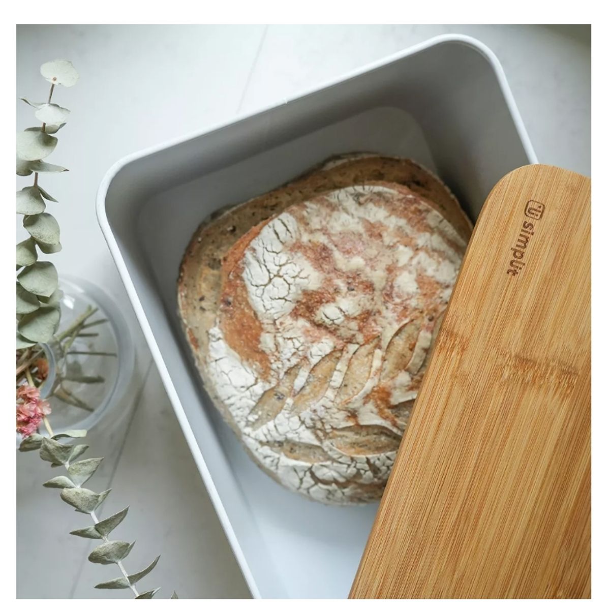 GENERICO - Panera Metálica Con Tapa Bamboo Blanca Simplit