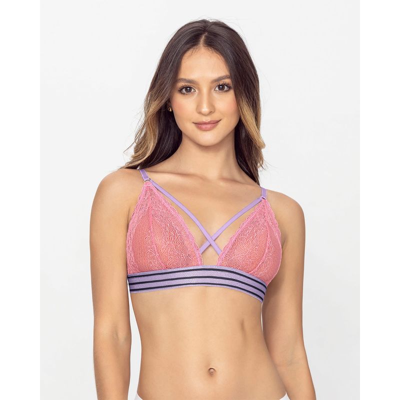 LEONISA - Bralette triangular en encaje con base deportiva y tiras cruzadas 011952 Rosado