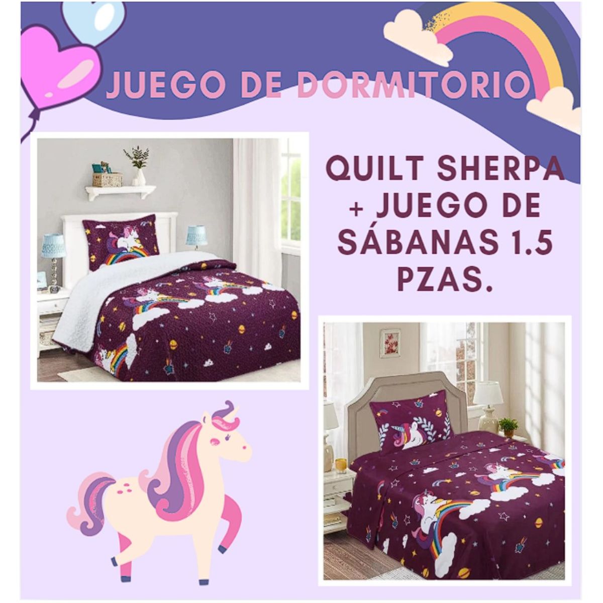 COMPRAPO - Juego Dormitorio Cubrecama Sherpa + Sábanas 1.5 Pzas Unicornio Púrpura