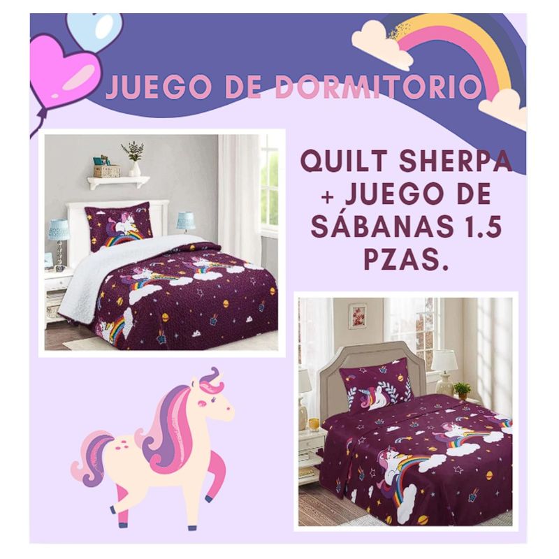 COMPRAPO - Juego Dormitorio Cubrecama Sherpa + Sábanas 1.5 Pzas Unicornio Púrpura