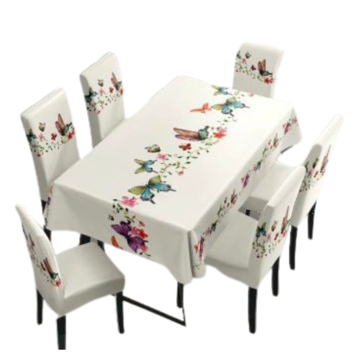 DIANA - mantel antimanchas mas 6 fundas de sillas ajustable blanco mariposas