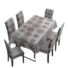 DIANA - Mantel antimanchas mas 6 fundas de sillas ajustable gris mandalas