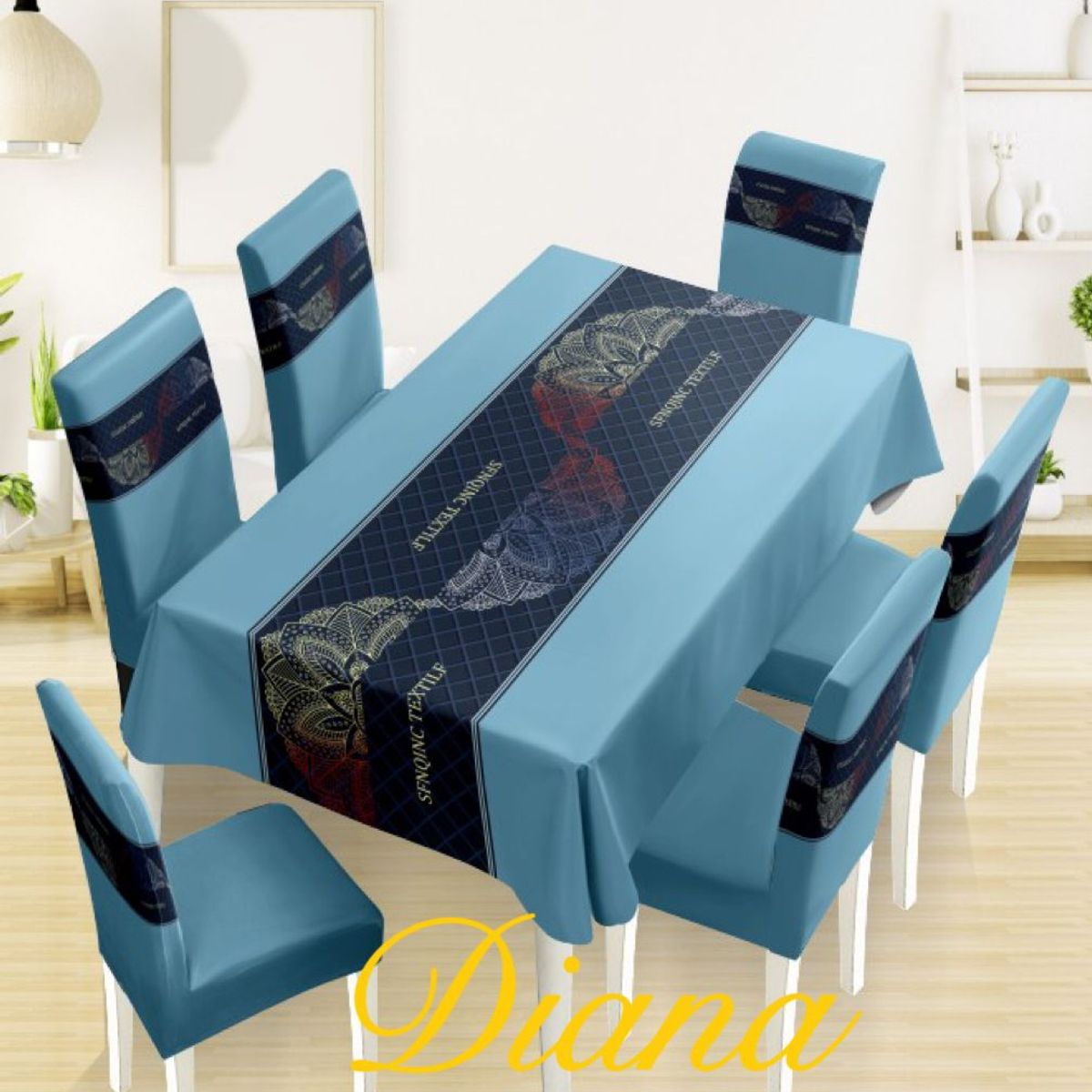 DIANA - mantel antimanchas mas 6 fundas de sillas ajustable azul sfnqinc