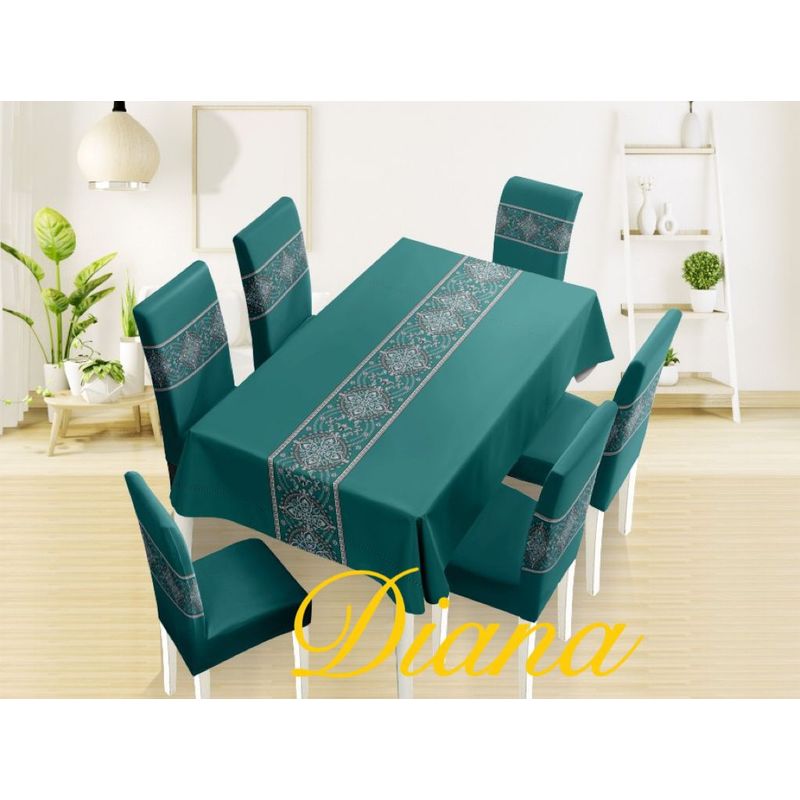 DIANA - mantel antimanchas mas 6 fundas de sillas ajustable verde mandala