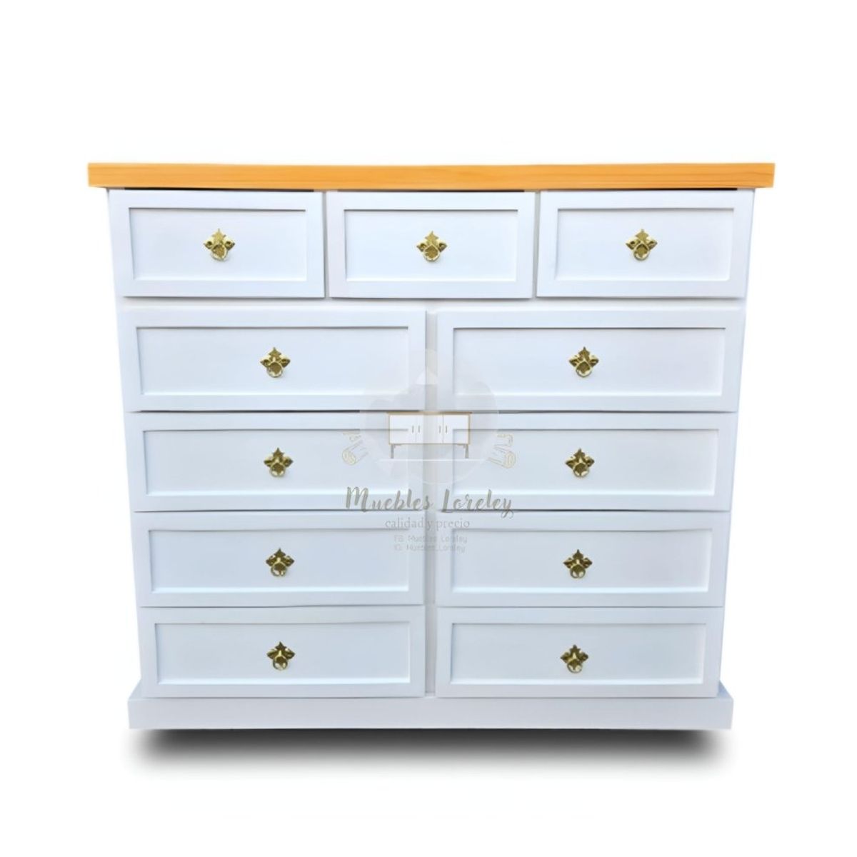 RUSTIC STYLE - COMODA MADERA 11 CAJONES BLANCA MIEL Y DORADO.