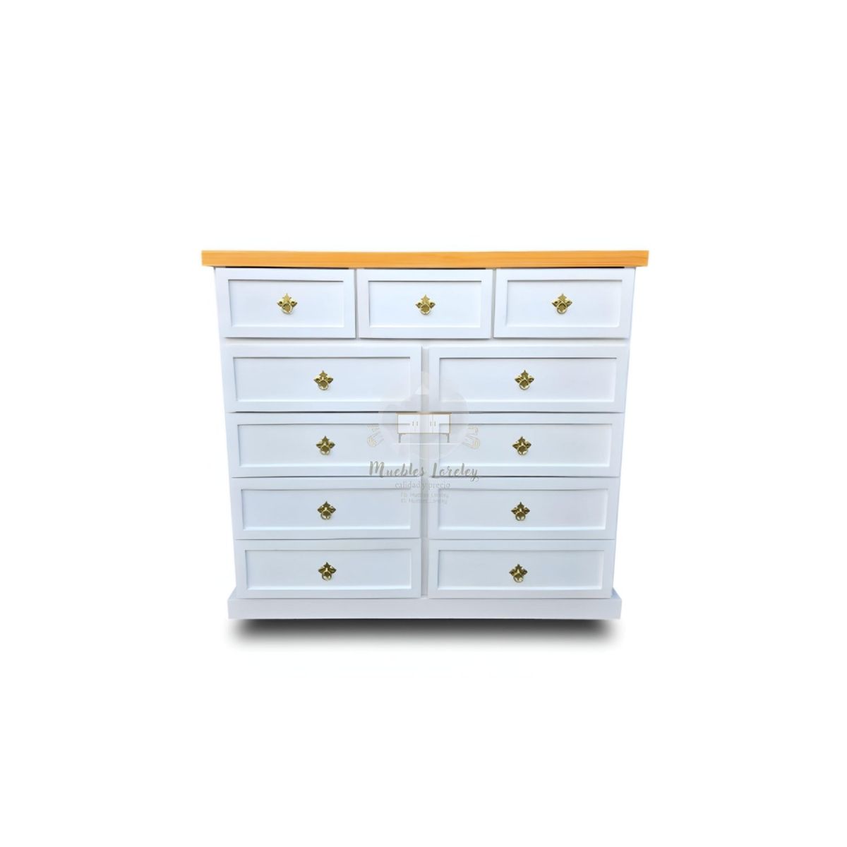 RUSTIC STYLE - COMODA MADERA 11 CAJONES BLANCA MIEL Y DORADO.