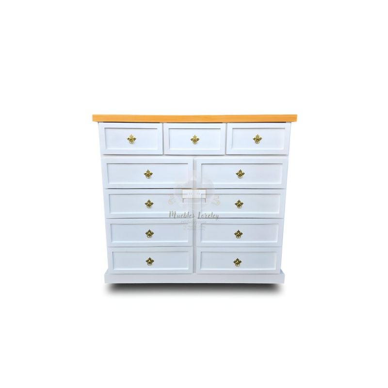 RUSTIC STYLE - COMODA DE 11 CAJONES BLANCA MIEL Y DORADO.