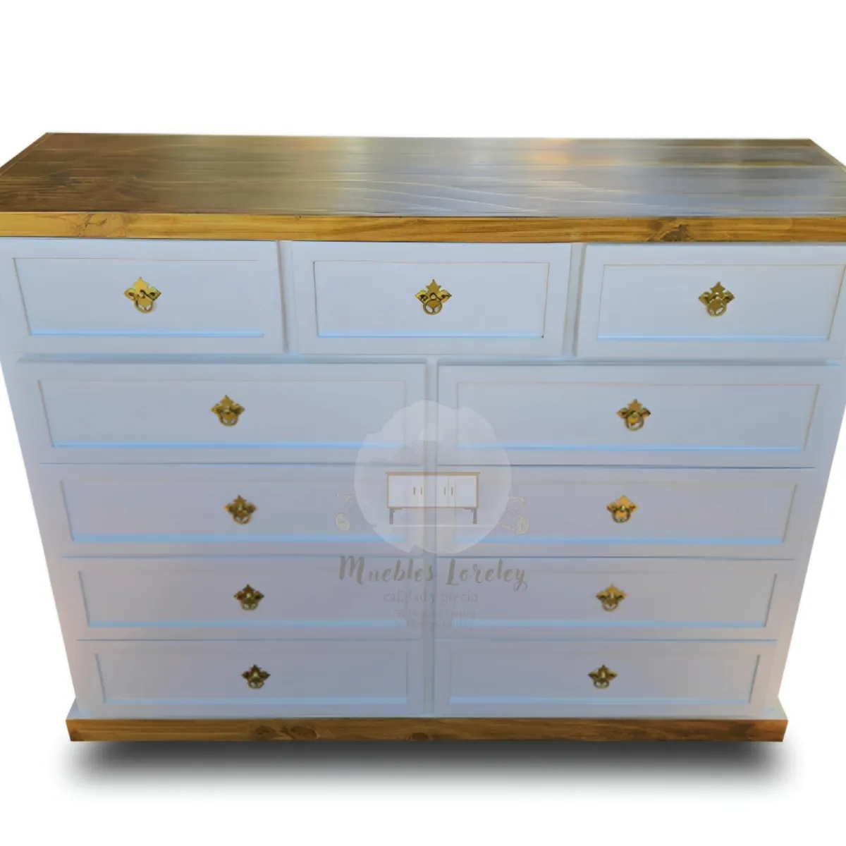 RUSTIC STYLE - COMODA MADERA DE 11 CAJONES BLANCA Y PETIRIBI.