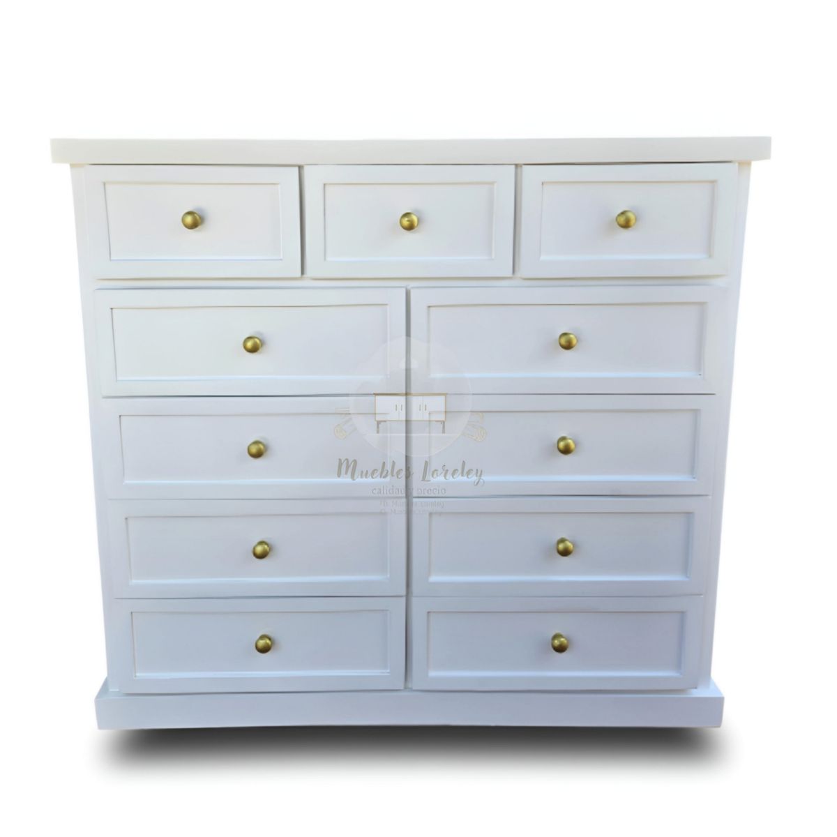 RUSTIC STYLE - COMODA MADERA DE 11 CAJONES BLANCA Y TIRADORES REDONDOS EN DORADO.