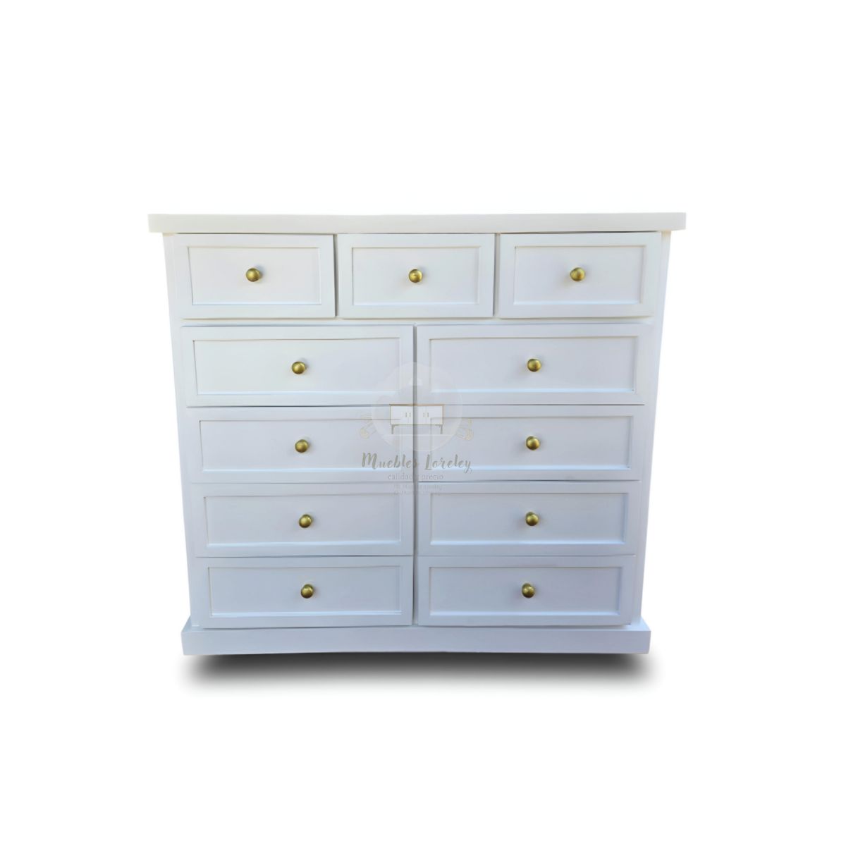 RUSTIC STYLE - COMODA MADERA DE 11 CAJONES BLANCA Y TIRADORES REDONDOS EN DORADO.
