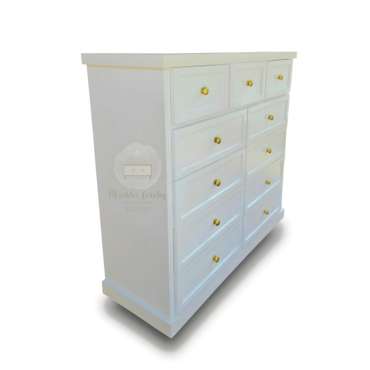 RUSTIC STYLE - COMODA MADERA DE 11 CAJONES BLANCA Y TIRADORES REDONDOS EN DORADO.