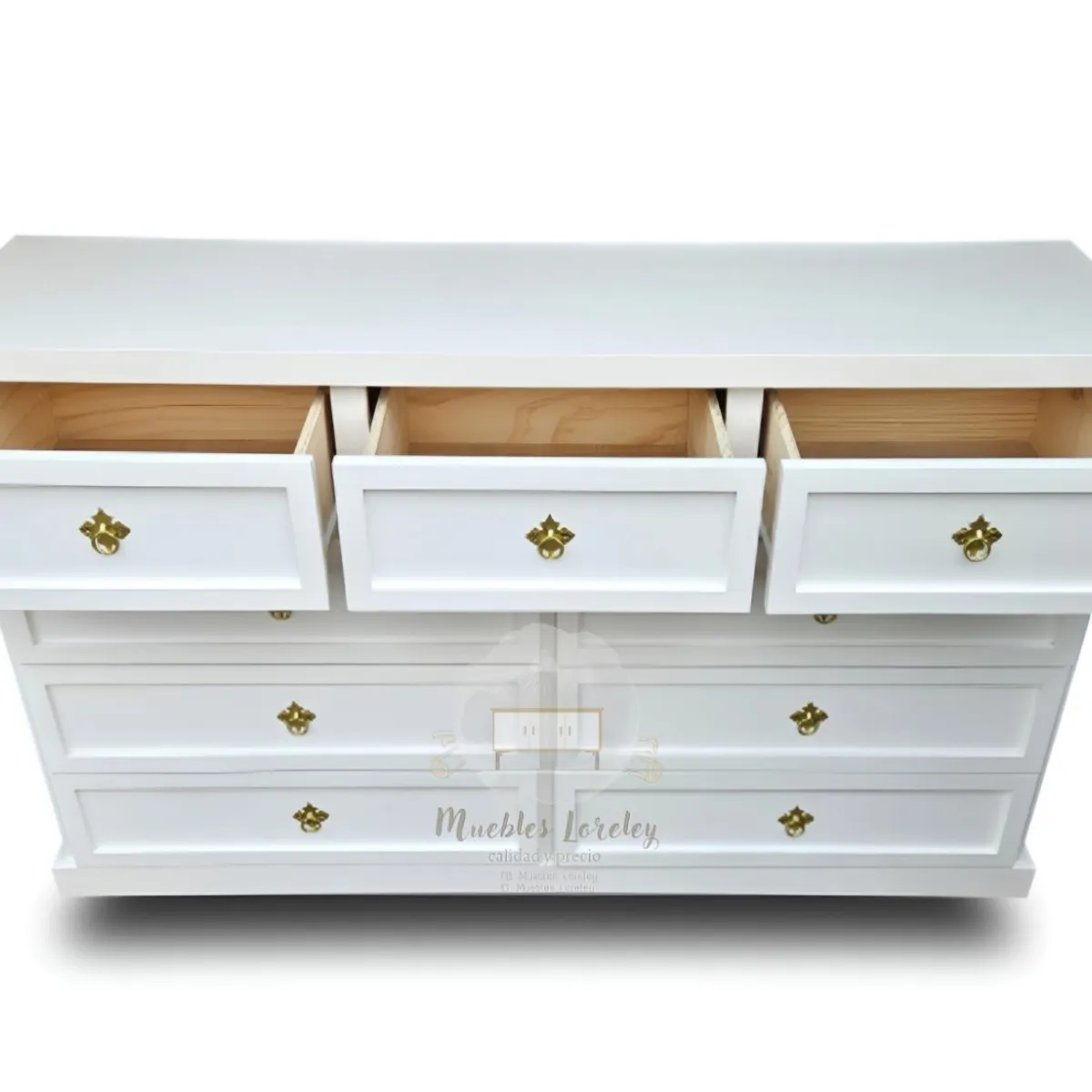 RUSTIC STYLE - COMODA MADERA 9 CAJONES BLANCA Y TIRADORES TIPO ESTRELLA EN DORADO