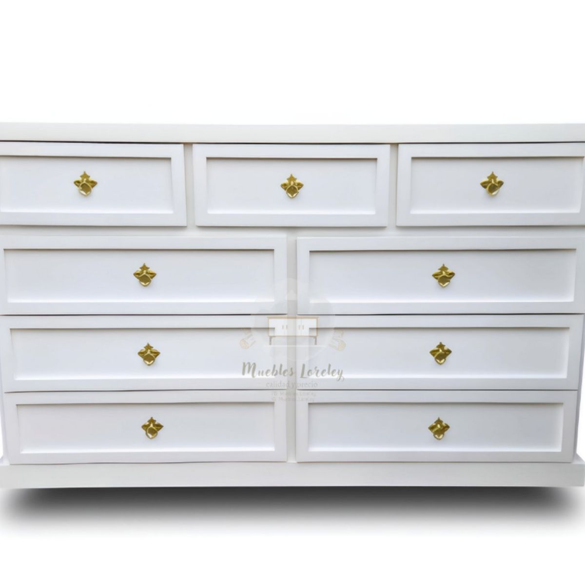 RUSTIC STYLE - COMODA MADERA 9 CAJONES BLANCA Y TIRADORES TIPO ESTRELLA EN DORADO