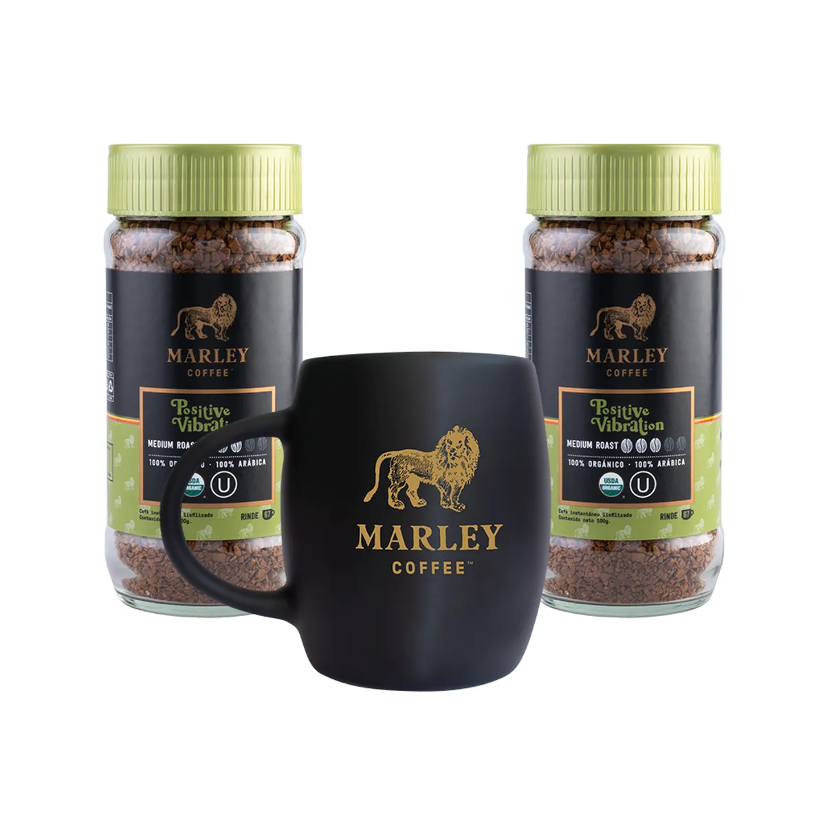MARLEY COFFEE - Pack 2x Café Liofilizado Positive Vibration 100 g y Marley Mug Negro Marley Coffee