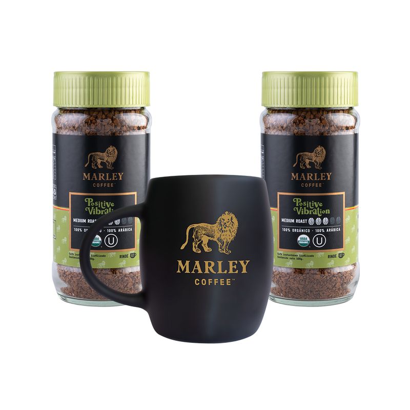 MARLEY COFFEE - Pack 2x Café Liofilizado Positive Vibration 100 g y Marley Mug Negro Marley Coffee