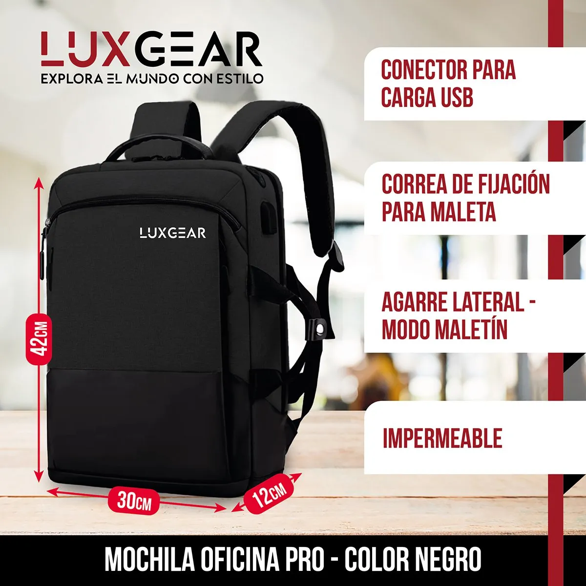 LUXGEAR - Mochila Notebook Oficina Luxgear UrbanTech Impermeable - Negro