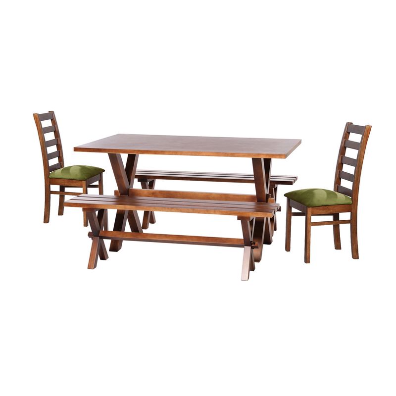 LATAM HOME - Juego De Comedor Sevilla 2 Sillas Burgos +2Bancas Tela Velvet Pistacho