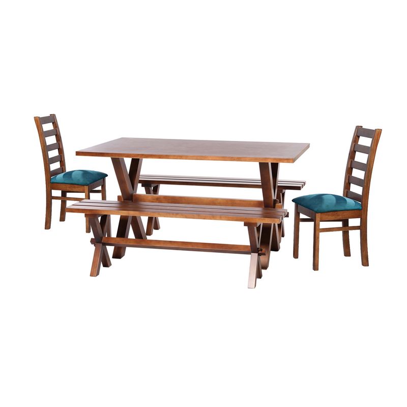 LATAM HOME - Juego De Comedor Sevilla 2 Sillas Burgos + 2 Bancas Tela Velvet Azul