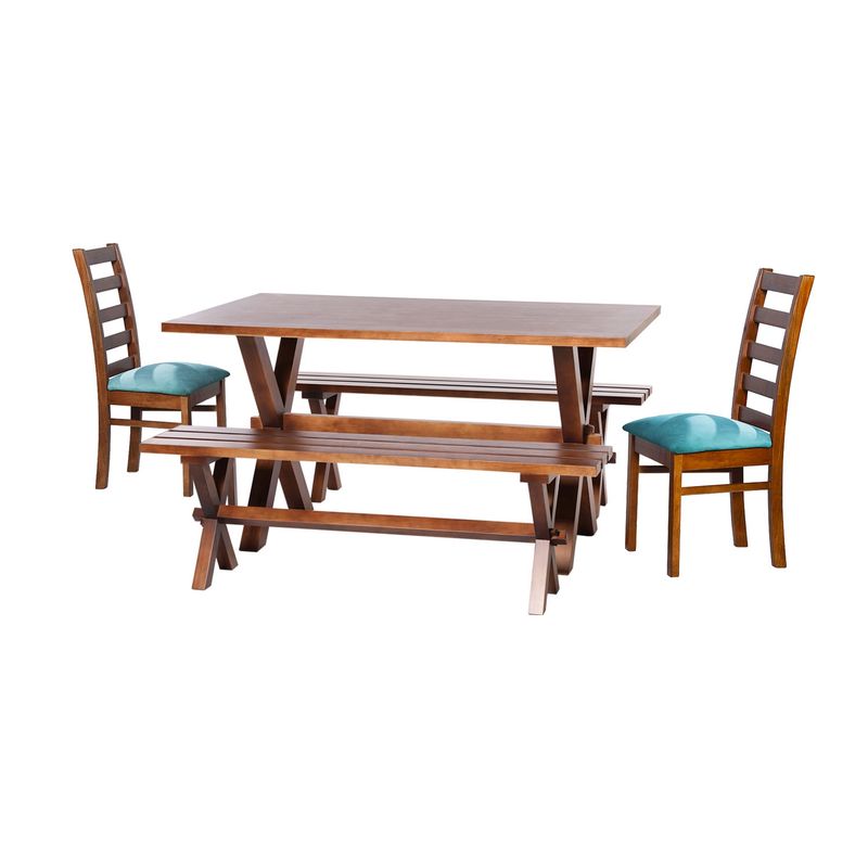 LATAM HOME - Juego De Comedor Sevilla 2 Sillas Burgos +2Bancas Tela Velvet Turquesa