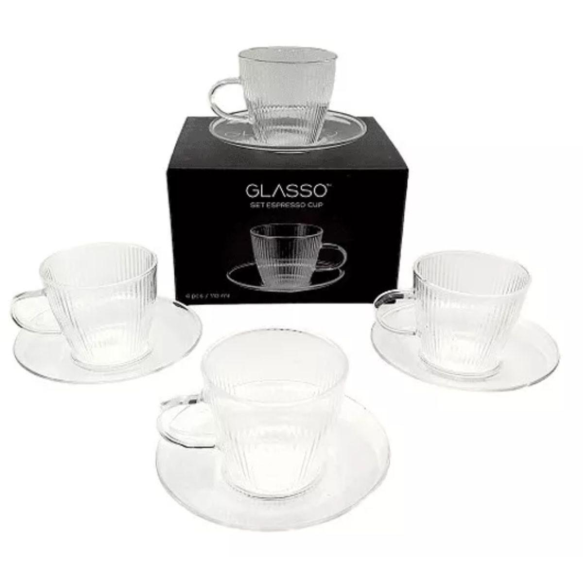 GENERICO - Set 4 Tazas Con Plato Espresso 110ml Glasso Para Té / Café