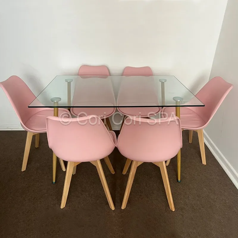 CORI CORI - Juego de Comedor Vidrio 120x 80cm + 6 Sillas Tulip Rosa…