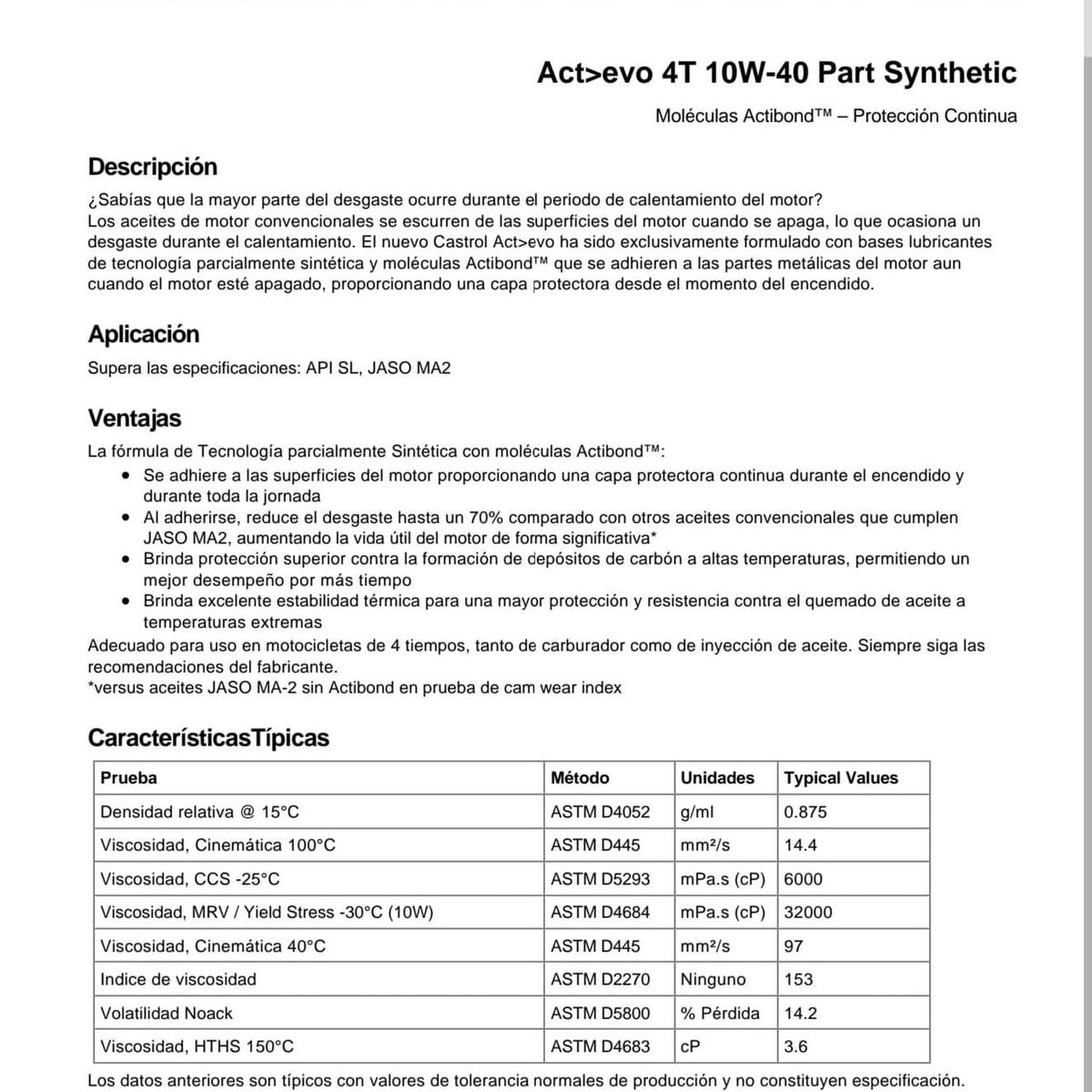 CASTROL - Aceite para motos 10W40 motor Actevo marca Castrol 1 litro