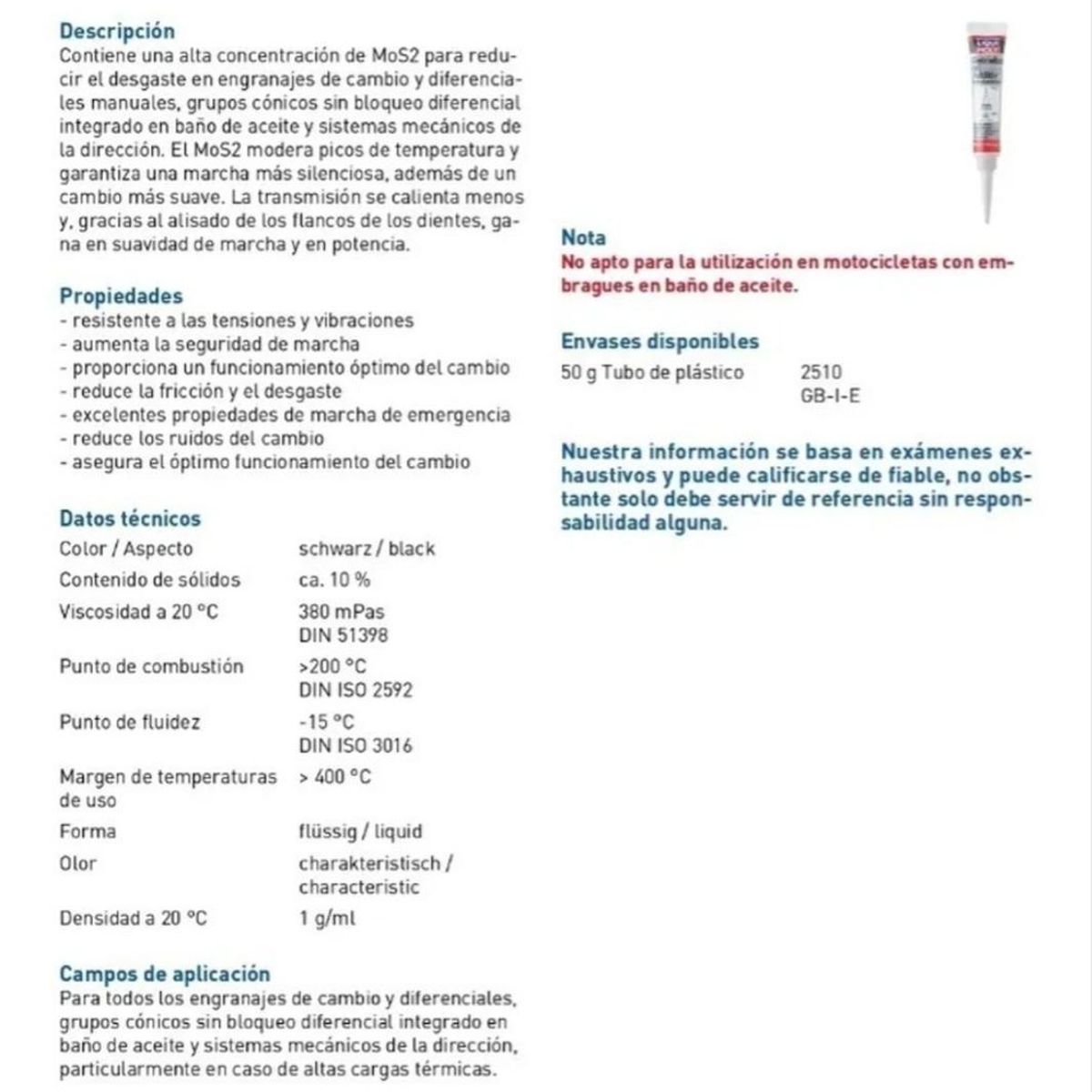 LIQUI MOLY - Aditivo Antifriccion Mos2 Caja Y Diferencial Liqui Moly 20g