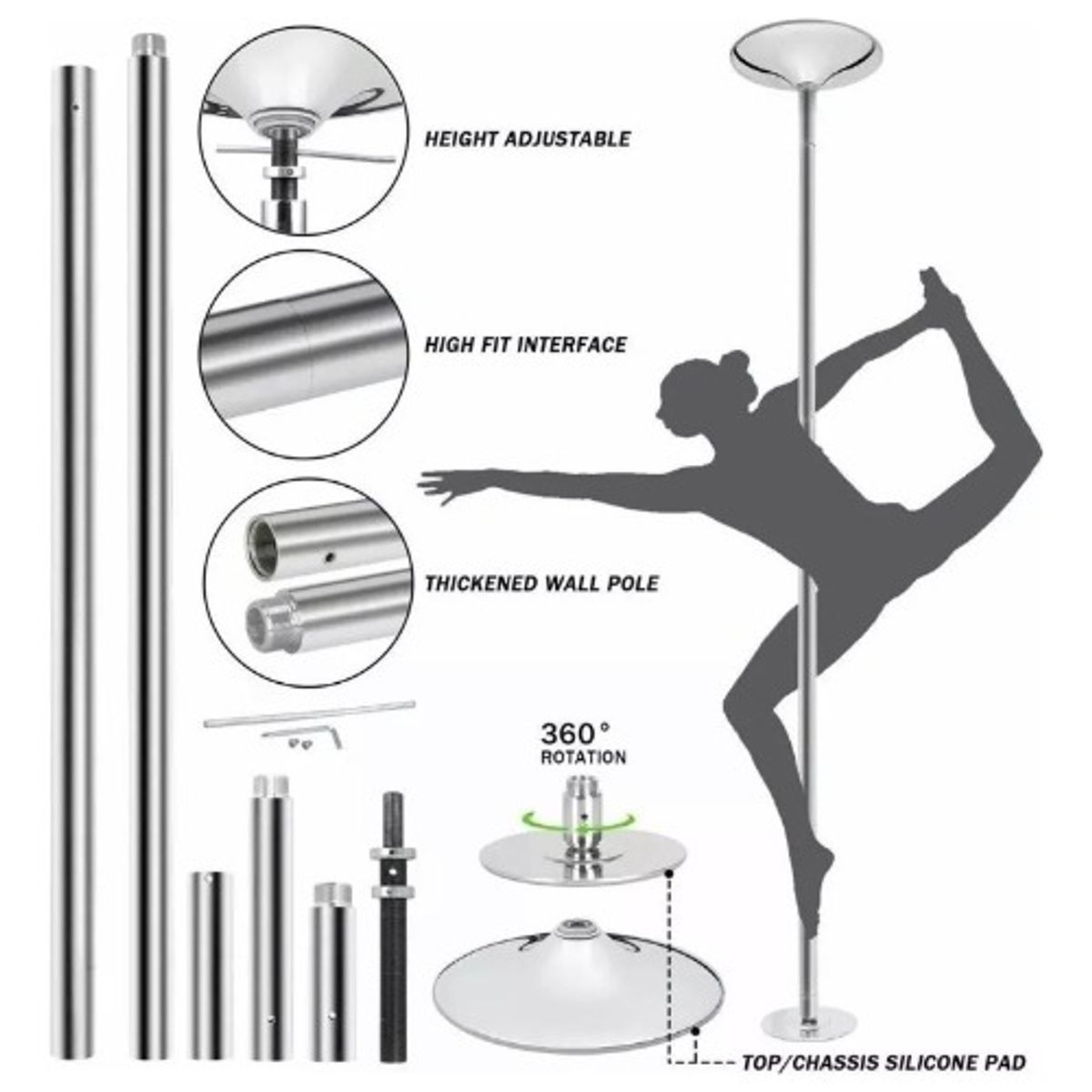 U BUY - Barra Profesional Pole Dance Fitness Portátil Fijo-giratorio