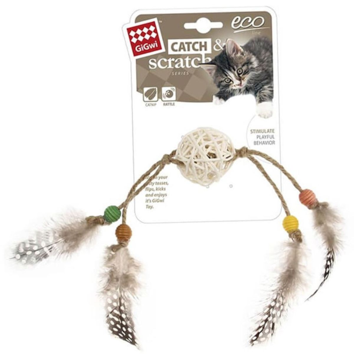 GIGWI - Juguete para gatos Eco Catch Scratch Rattan y plumas café Gigwy