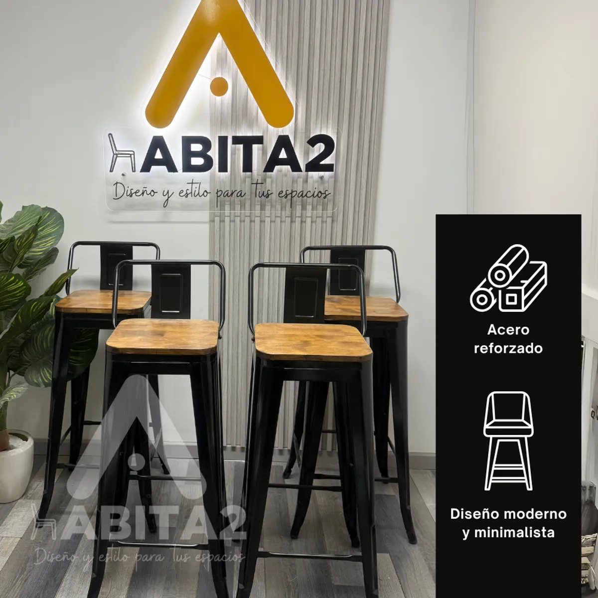 HABITA2 CHILE - Pack de 4 Taburetes Piso Metal Tolix Asiento de madera oscura 76 cm Negro