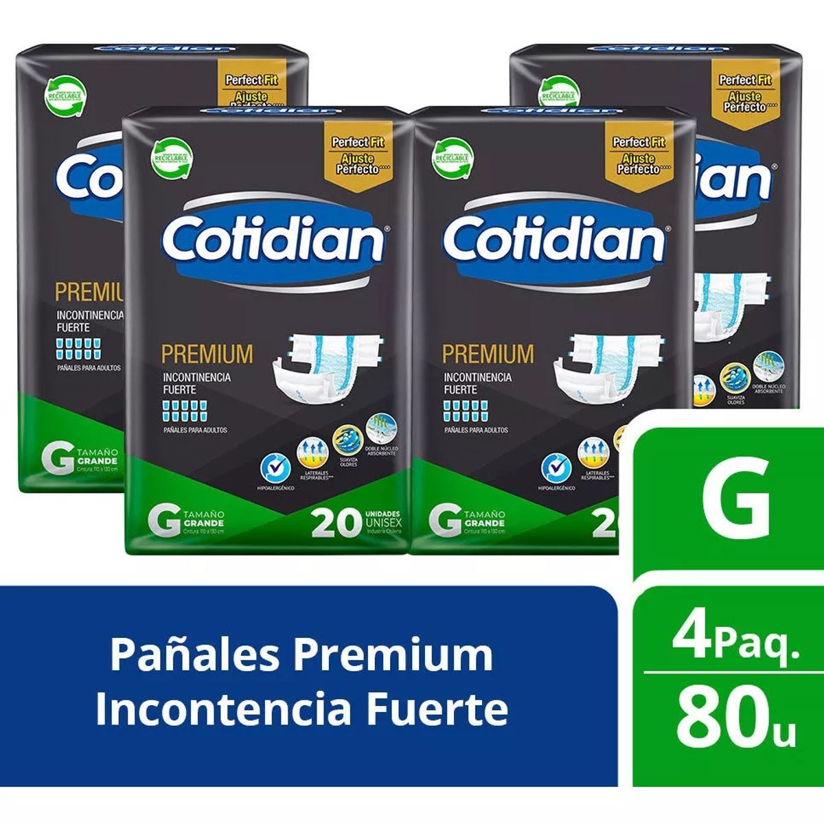 COTIDIAN - PACK PAÑAL ADULTO COTIDIAN PREMIUM TALLA G 80 unidades