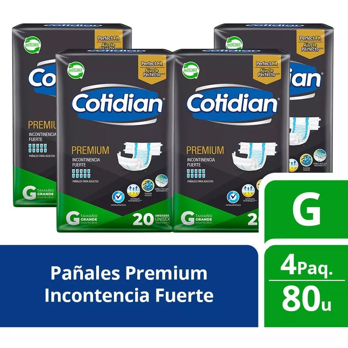 COTIDIAN - PACK PAÑAL ADULTO COTIDIAN PREMIUM TALLA G 80 unidades