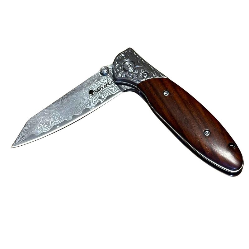 KOYAM - KOYAM Cuchillo plegable Acero Damasco. Mango madera