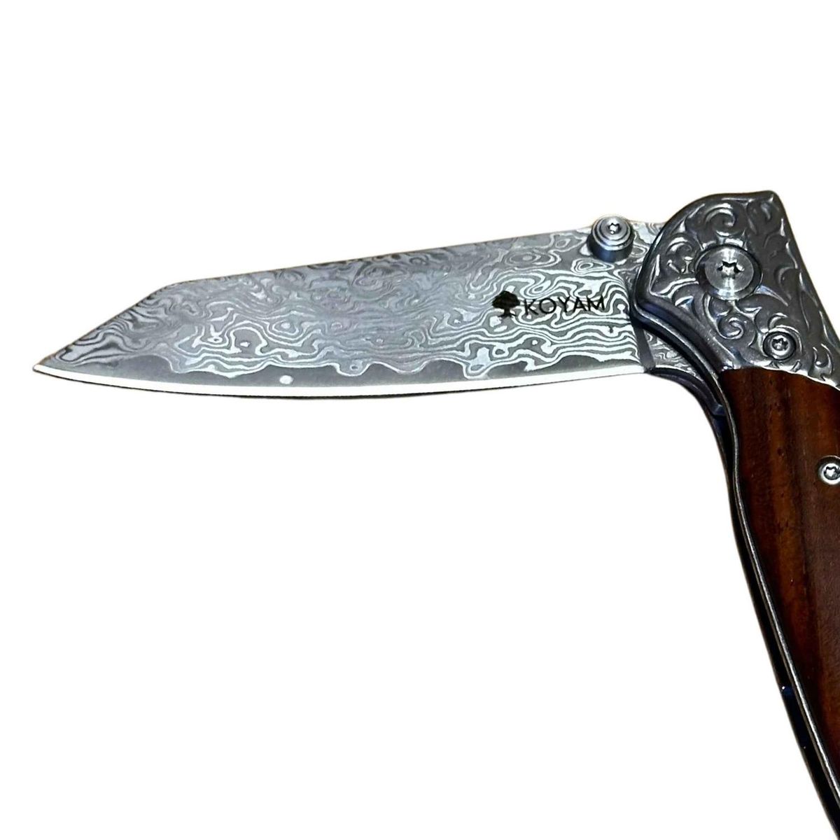 KOYAM - KOYAM Cuchillo plegable Acero Damasco. Mango madera